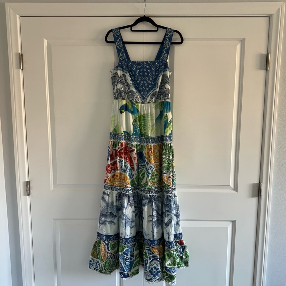 FARM Rio Tiered Maxi Sundress in Blue Red Yellow Green Birds - Medium